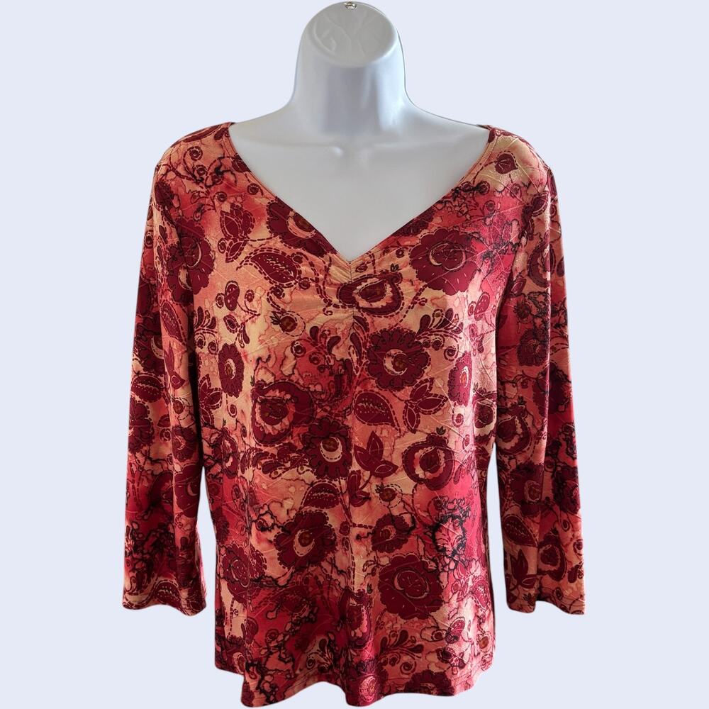 Carol Rose M Floral V-Neck Long Sleeve Top Red Pink